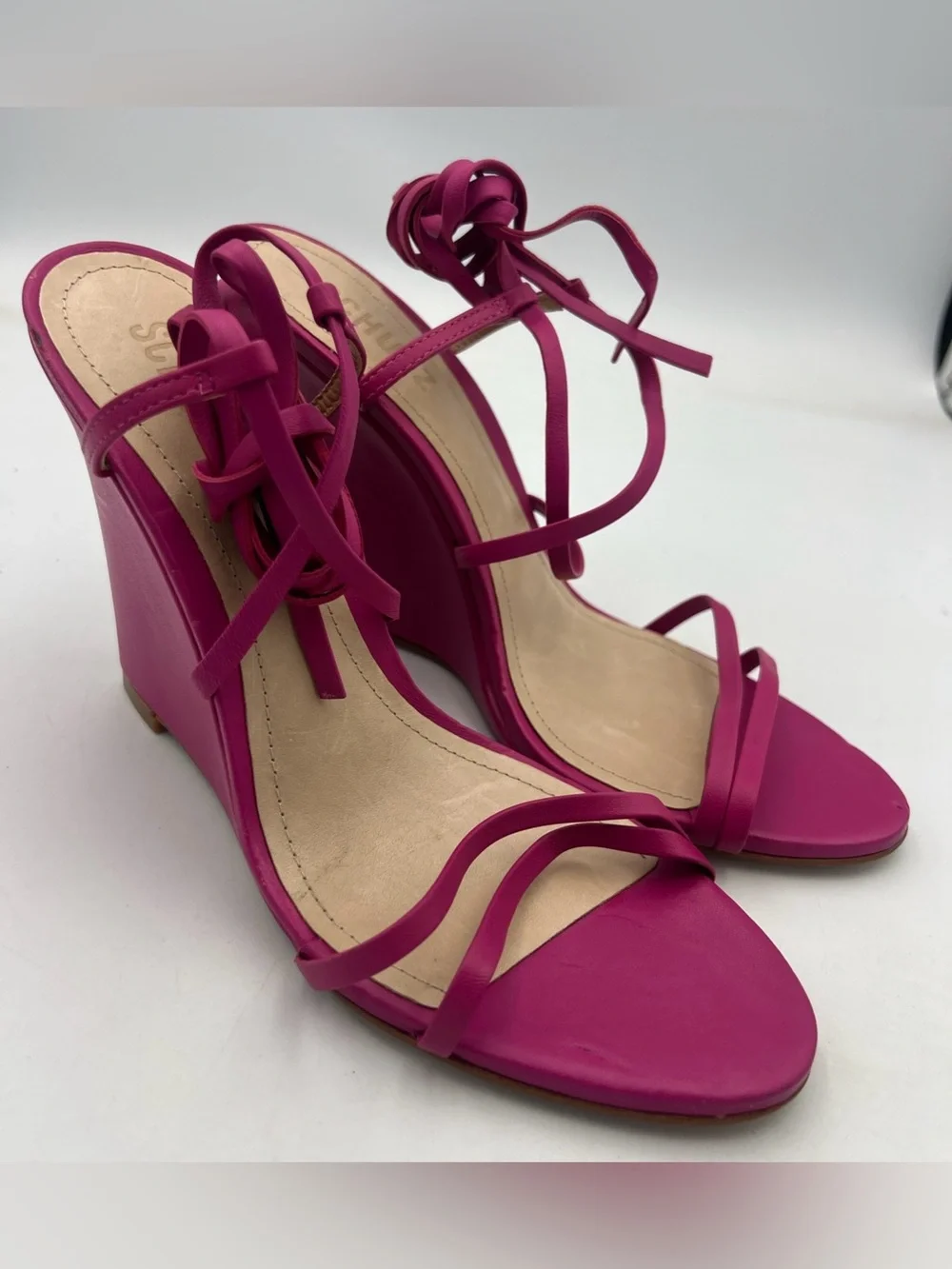 SCHUTZ Deonne Strappy Fuchsia Wedge Nappa Leather Sandals Ankle Strap Size 8.5B